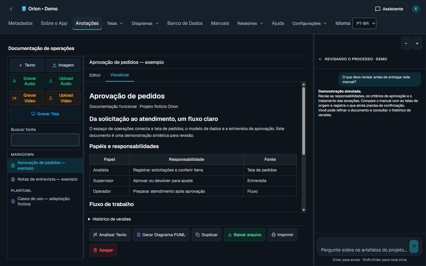 Workspace real do Code Analysis com fontes sintéticas, documento funcional editável e assistente do projeto